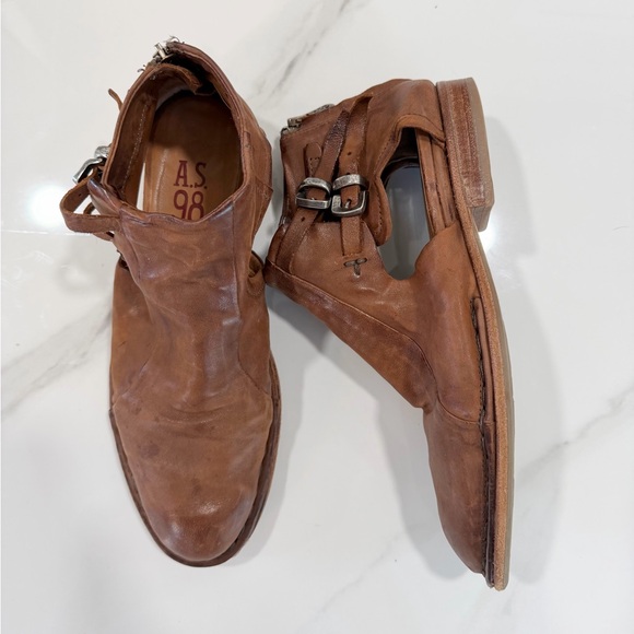 A.S.98 Women Distressed Cognac Leather Western Bootie Buckle Detail - Size 10